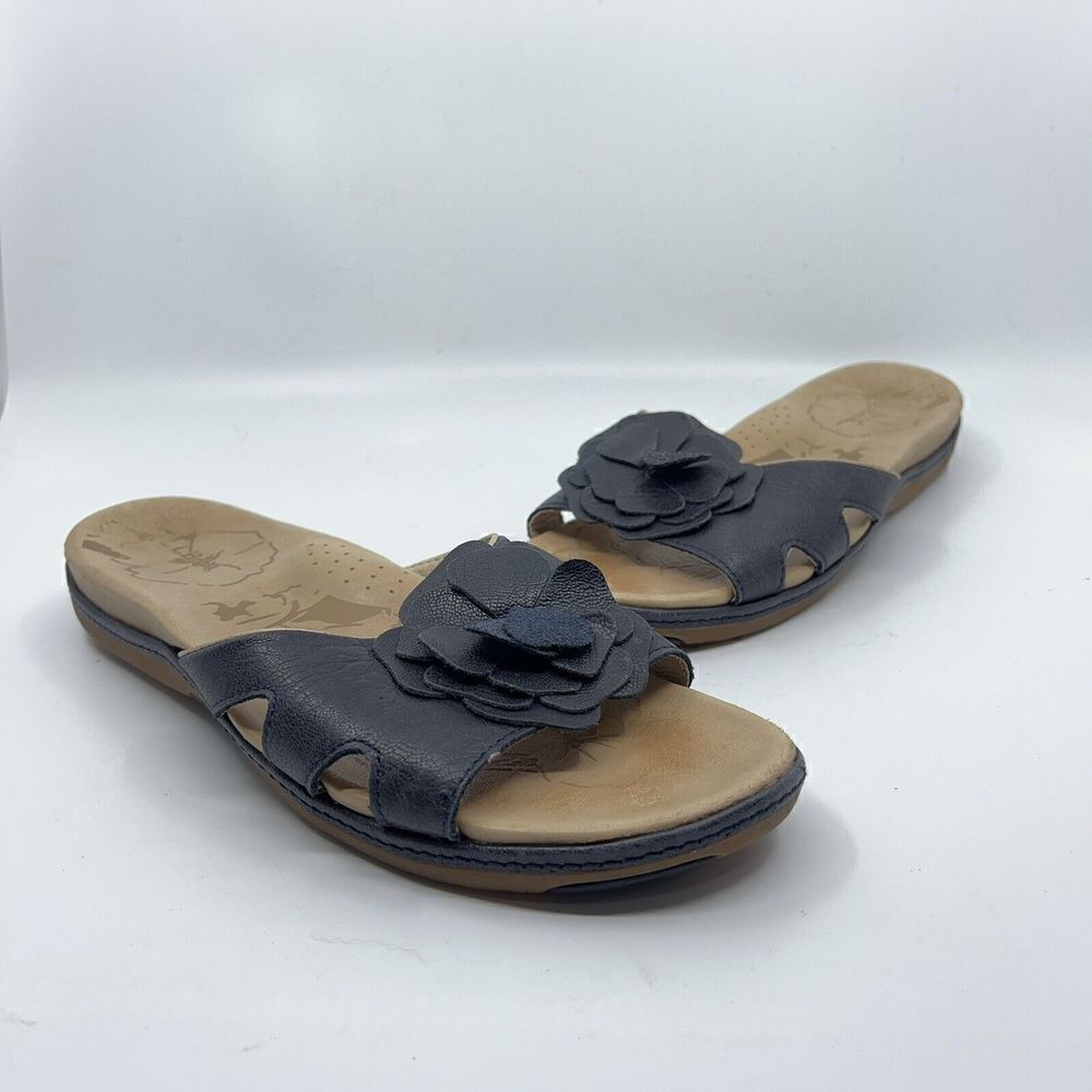 LL Bean Juniper Womens Size 9 Navy Blue Brown Leather Slide Sandals Cute Flower